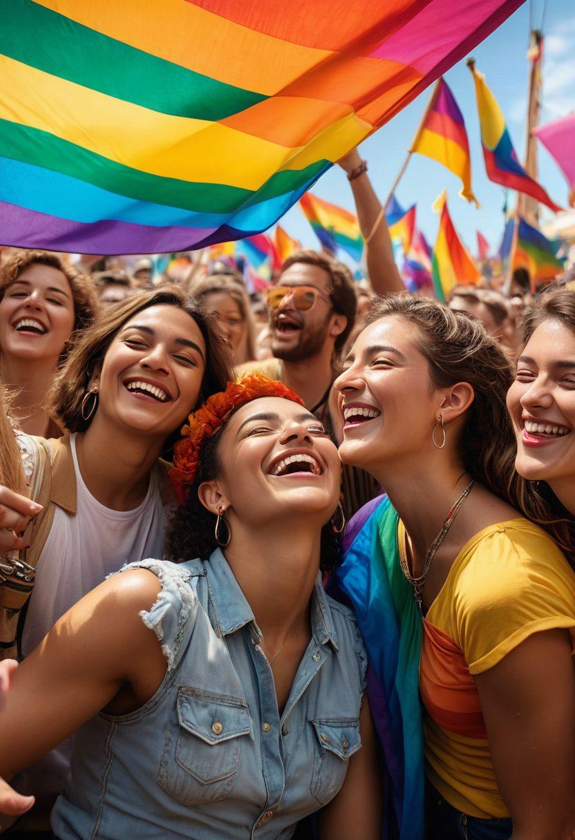A vibrant, colorful scene depicting a diverse group of people joyfully laughing together in a lively setting, with elements of LGBTQIA pride represented in the backdrop, including rainbow flags and playful, risqué props. The atmosphere should feel inclusive and celebratory, showcasing various forms of entertainment that embrace diversity. super-realistic. vibrant colors. festive atmosphere.