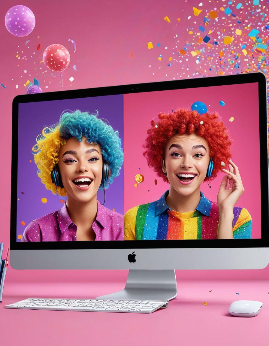 A colorful streaming interface showcasing humorous LGBTQIA clips, featuring playful characters with vibrant hairstyles and outfits, laughing and dancing on screens. The background is filled with sparkling confetti and rainbow colors, creating a festive atmosphere. Include elements of modern technology like smartphones and laptops, emphasizing the streaming aspect. The overall tone should be light-hearted and joyous. 3D. vibrant colors. playful style.
