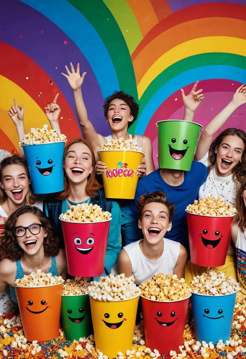 A colorful, whimsical scene showcasing vibrant LGBTQIA characters laughing and enjoying themselves while watching a diverse range of humorous video clips on large screens. Include elements such as a rainbow burst background, playful confetti, and cartoonish props like oversized popcorn and soda cups. The atmosphere should feel joyful and inclusive, inviting viewers into a community celebration of humor. super-realistic. vibrant colors. playful style.